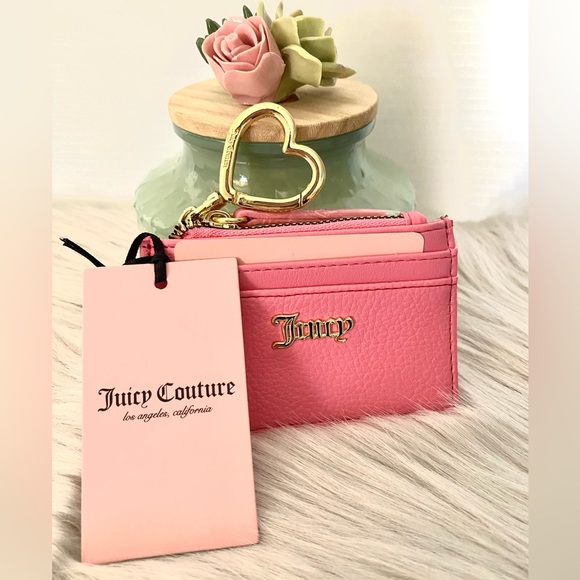 Juicy Couture Handbags - NWT Juicy Couture Women Cute Pink Zipper Card Holder Case Slim with Heart Chain